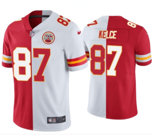 Men's Kansas City Chiefs #87 Travis Kelce Red & White Split Limited Stitched Jersey Men's Kansas City Chiefs #87 Travis Kelce Red & White Split Limited Stitched Jersey